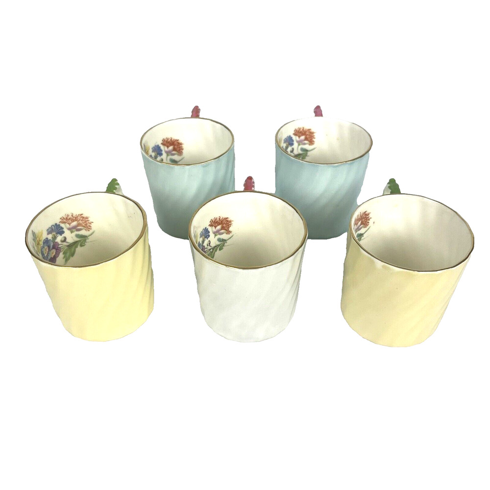 5 Vintage Aynsley Bone China Teacups Demitasse Swirl Gold Tone Handle Flowers